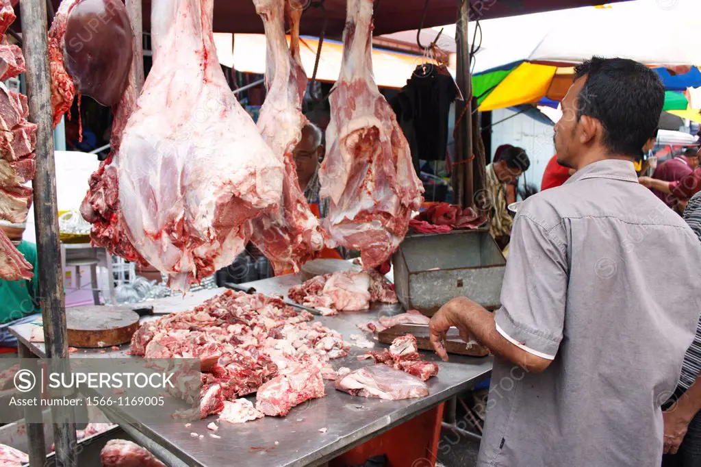 Traditional market, stand selling meat of Kuala Kangsar, Perak, Malaysia.