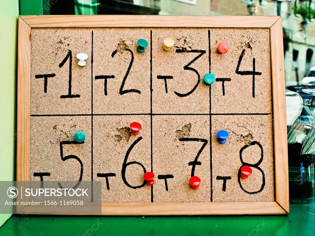 Numbers written on a wooden plank. Each number represents a table in a restaurant. Waiters nailed in every issue orders.