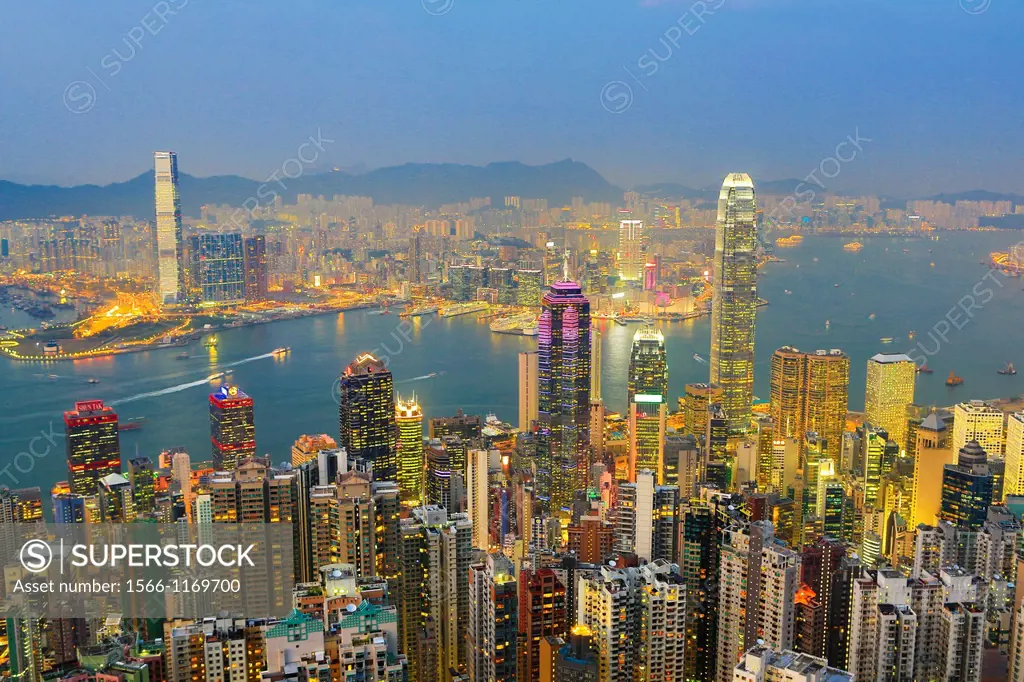 Hong Kong City  Sunset from Victoria Peak , Hong Kong Island and Kowloon,Financial Center Bldg