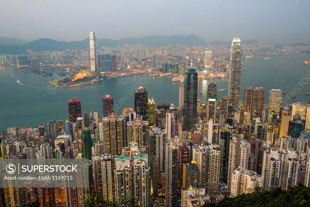 Hong Kong City  Sunset from Victoria Peak , Hong Kong Island and Kowloon,Financial Center Bldg
