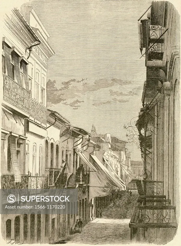 Rua do Ouvidor, Rio de Janeiro, Brazil in the 19th century  From El Museo Popular published Madrid, 1887