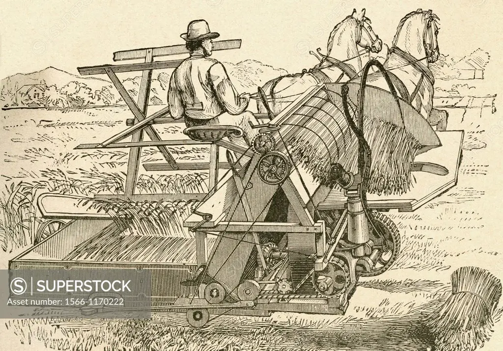 A harvesting machine, pulled by horses, which tied the sheaves of corn mechanically, used in the late 19th century  From El Museo Popular published Ma...