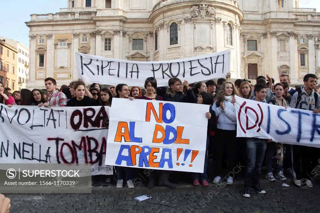 10 October 2012 Students and teachers protesting against the school cuts by the monti government in rome italy