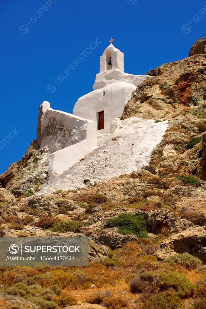 Hill top Orthodox cave church above Naxos Thira, Naxos Island, Greek Cyclades Islands