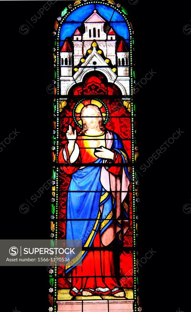 Church of Charroux, Allier 03, Auvergne, France, stained-glass window of Jesus