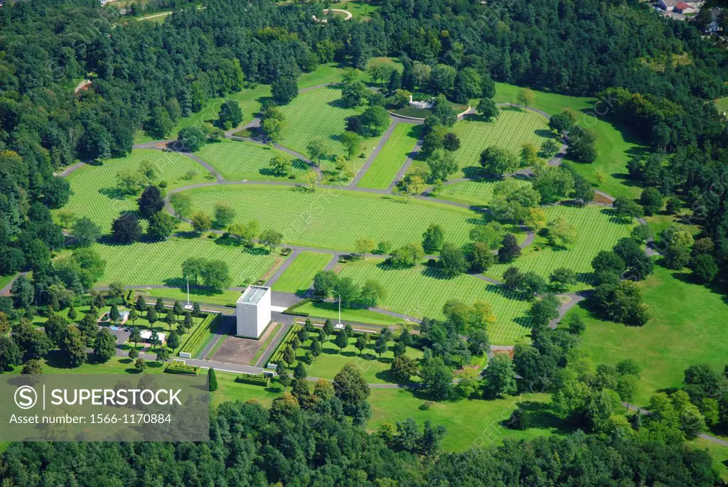 Aerial view of the largest WWII american military cemetery in Europe 10 489 graves, Saint Avold, Moselle, Lorraine, France