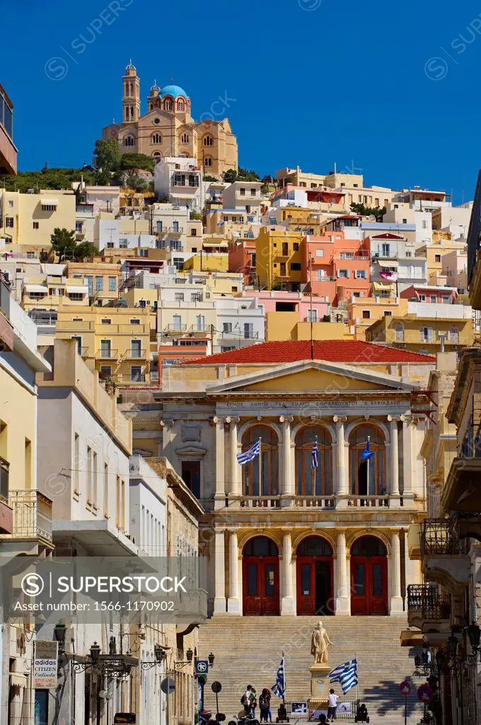 The Neo Classic City Hall of Ermoupolis, Miaoulis Square and the Greek Orthodox Church of Anastasis built in 1870 on the top of Vrodado Hill, Ermoupol...
