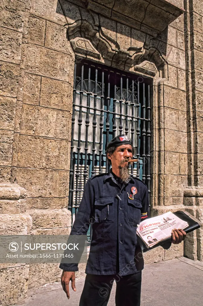 Colorful Stone Wall Street Scene Man with Cigar Old Havana Cuba