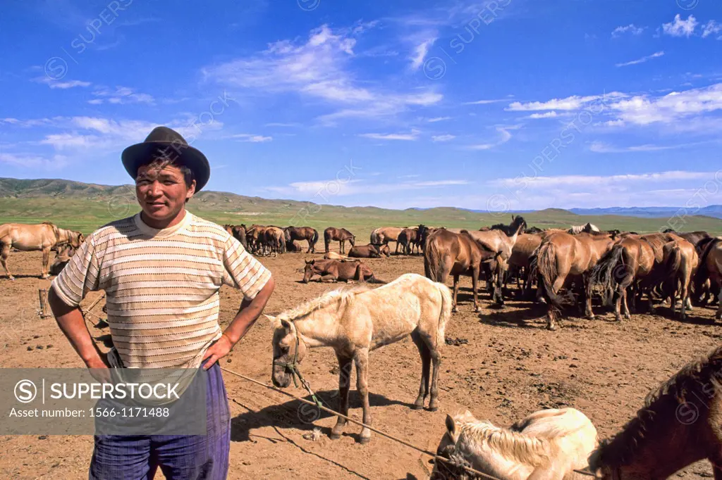 Native Horseman at Horse Ranch in the Nomadic Country of Mongolia