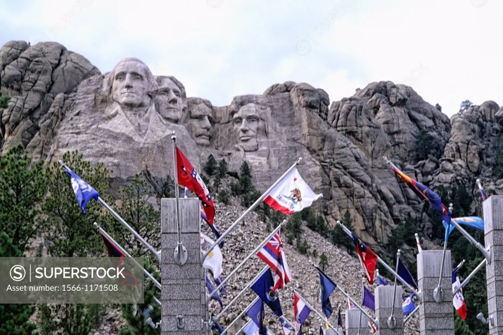 Famous landmark Mount Rushmore National Memorial the new park with flags