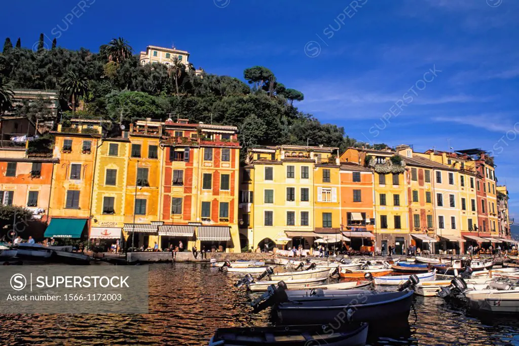 Colorful Buiildings with Boats at Harbor in Portofino Italy