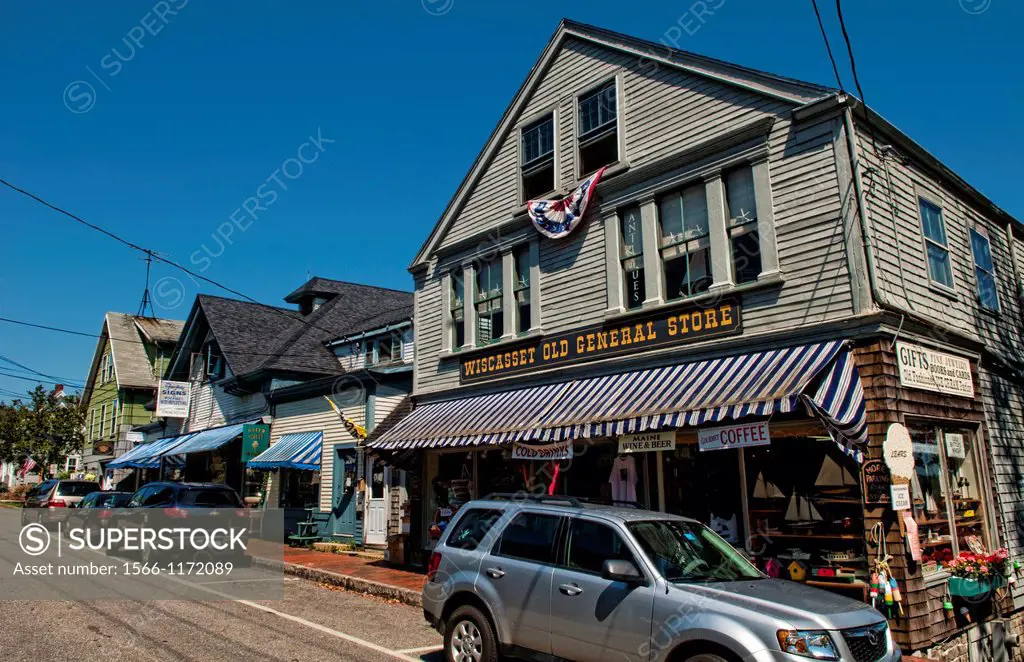 Main Street in Wiscasset Maine with General Store and shopping in old fashioned wood buildings
