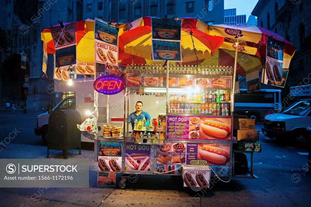 Hot dogs stall, Fifth Avenue, Manhattan, New York City  USA.