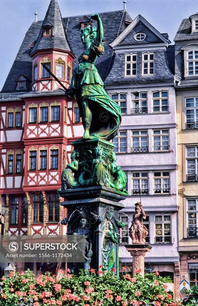 Life in Germany in Frankfurt the famous Romerberg Square statue of justice in old town Frankfurt Germany