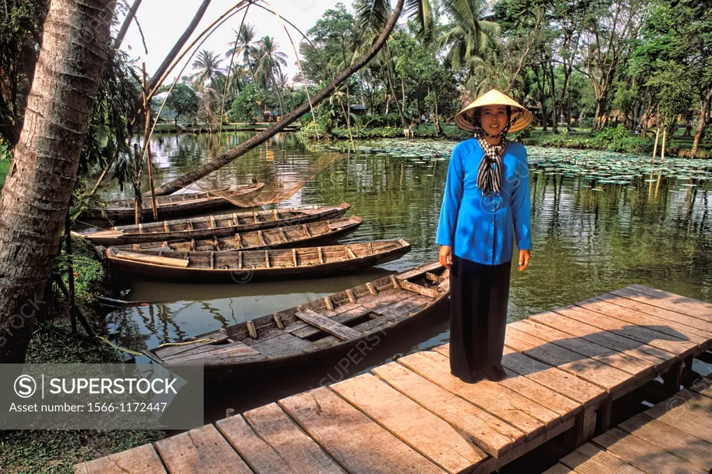 Traditional Woman Near Colorful Old Boats Vietnam Mekong Delta