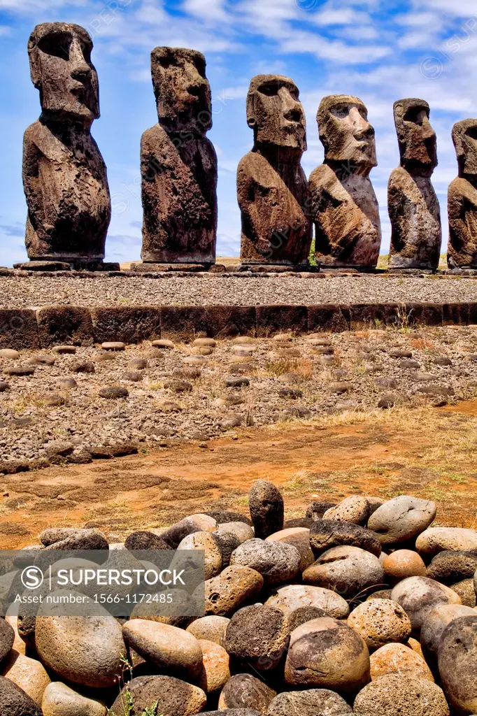 Moai Statues at Ahu Nau Nau Platform in Easter Island during Tapati Festival Rapa Nui
