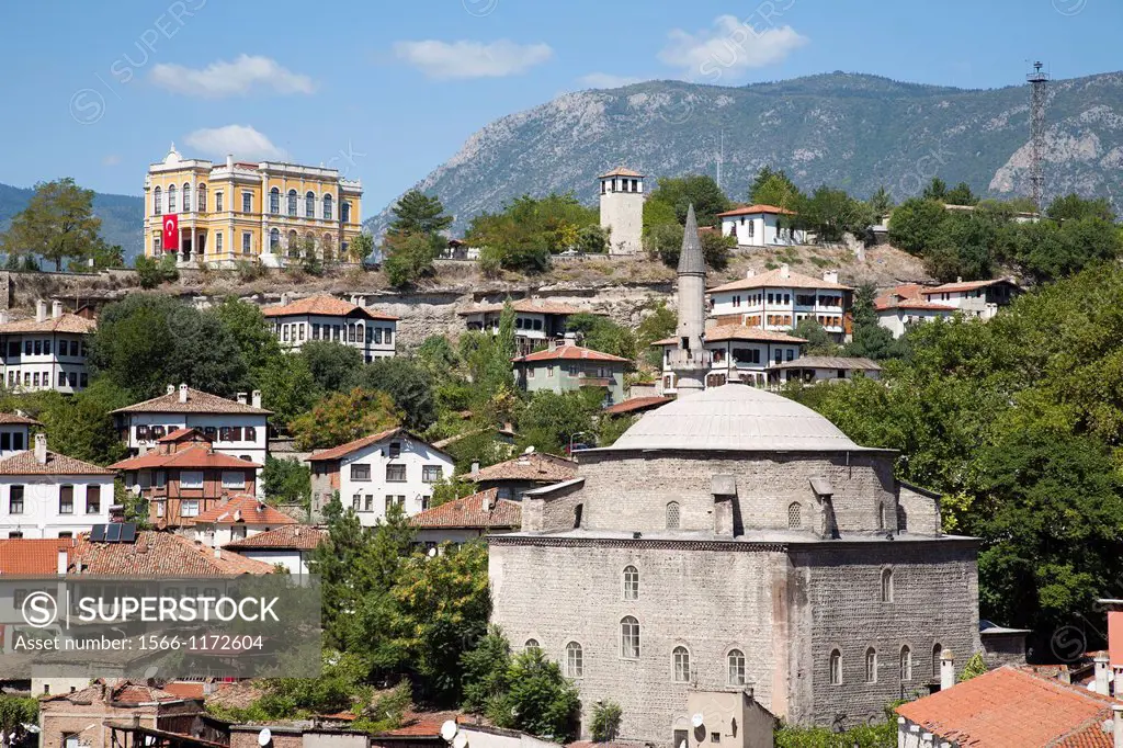 asia, turkey, central anatolia, ancient town of safranbolu, view with koprulu mehmet camii and old government building now city history museum
