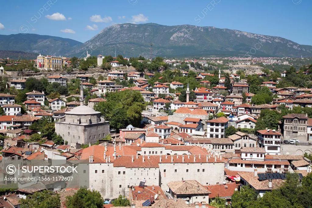 asia, turkey, central anatolia, ancient town of safranbolu, view with koprulu mehmet camii and old government building now city history museum and the...