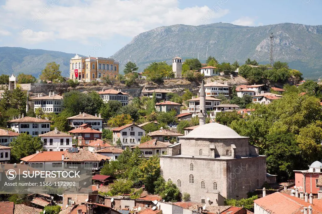 asia, turkey, central anatolia, ancient town of safranbolu, view with koprulu mehmet camii and old government building now city history museum