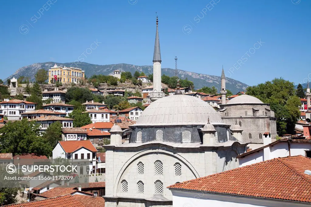 asia, turkey, central anatolia, ancient town of safranbolu, view with izzet pasa camii and old government building now city history museum