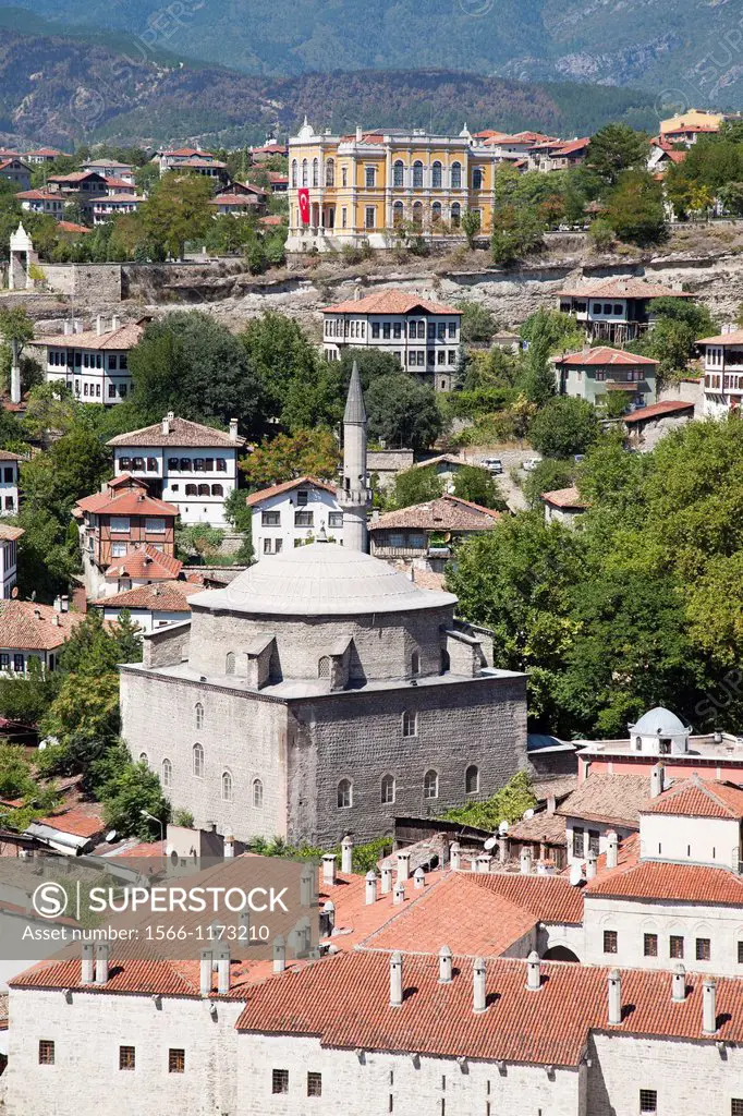 asia, turkey, central anatolia, ancient town of safranbolu, view with koprulu mehmet camii and old government building now city history museum and the...