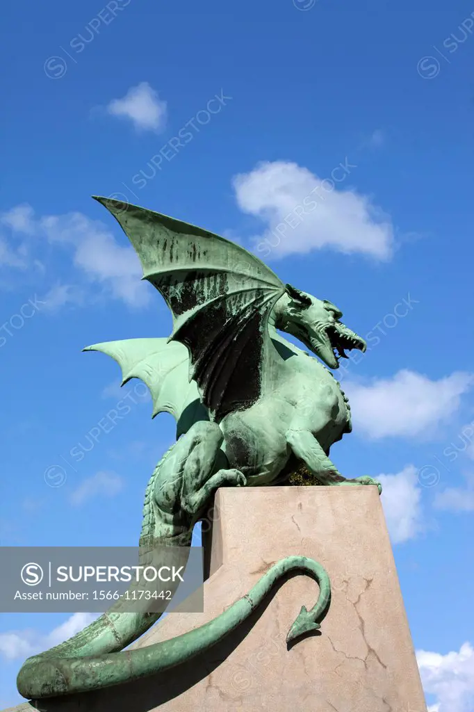 Slovenia  Ljubljana  Bronze dragon on the Dragon Bridgew, over Ljubljanica River.