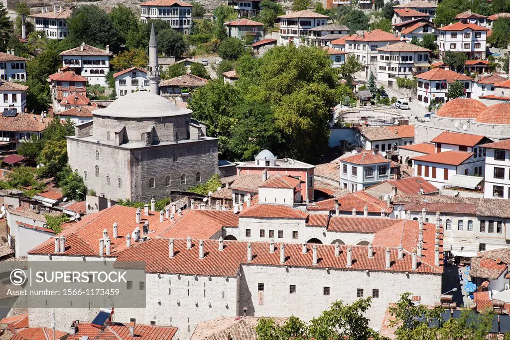 asia, turkey, central anatolia, ancient town of safranbolu, view with koprulu mehmet camii and the caravansary cinci hani