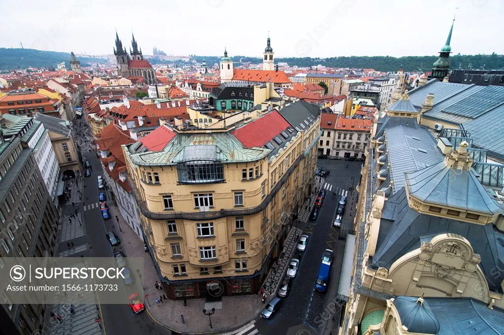 view of the red roofs of old town square Stare Mesto, Prague