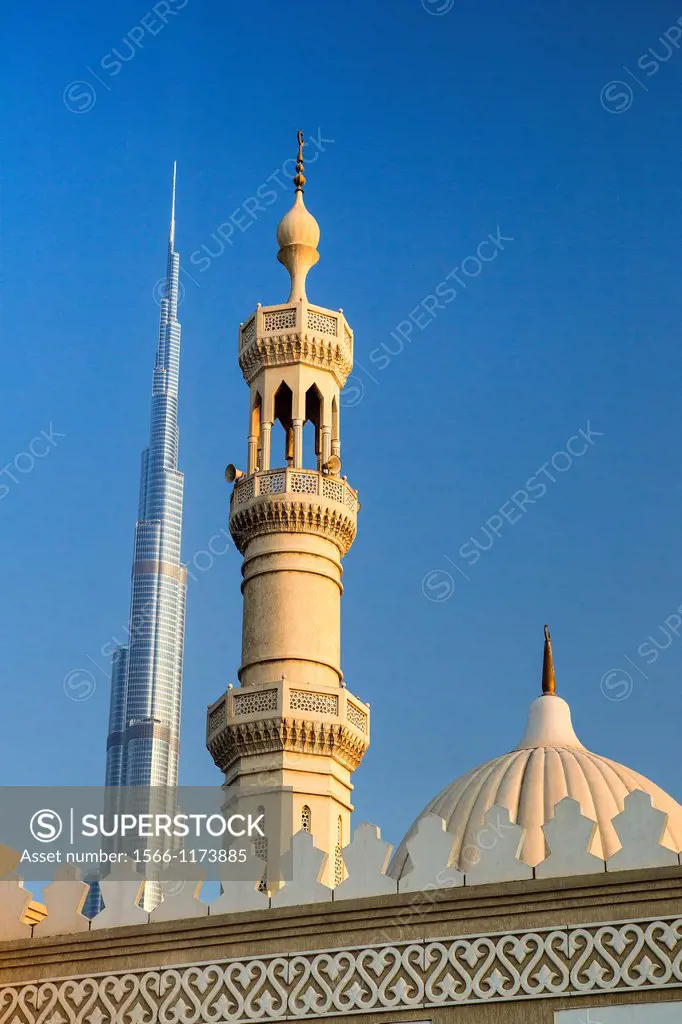 United Arab Emirates UAE , Dubai City ,Down Town Dubai , Minaret and Burj Khalifa Bldg