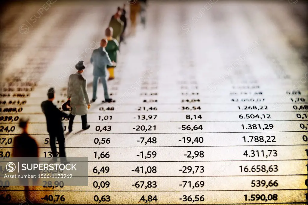 Business men in a row on stock market listing,