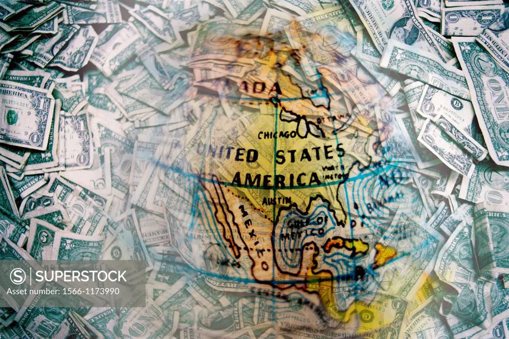 Muchos dolares con imagen borrosa de globo terraqueo, America, EEUU, Many dollars with blur globe, America, USA,