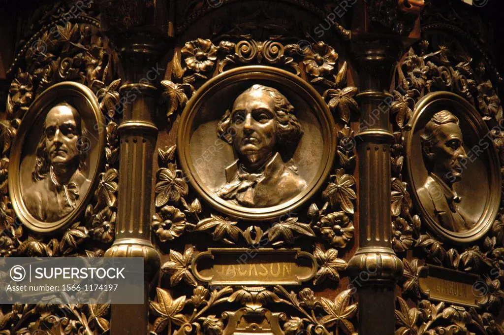New York City, Waldorf-Astoria Hotel, detail of the Waldorf-Astoria Clock, with the images of some former President of the US