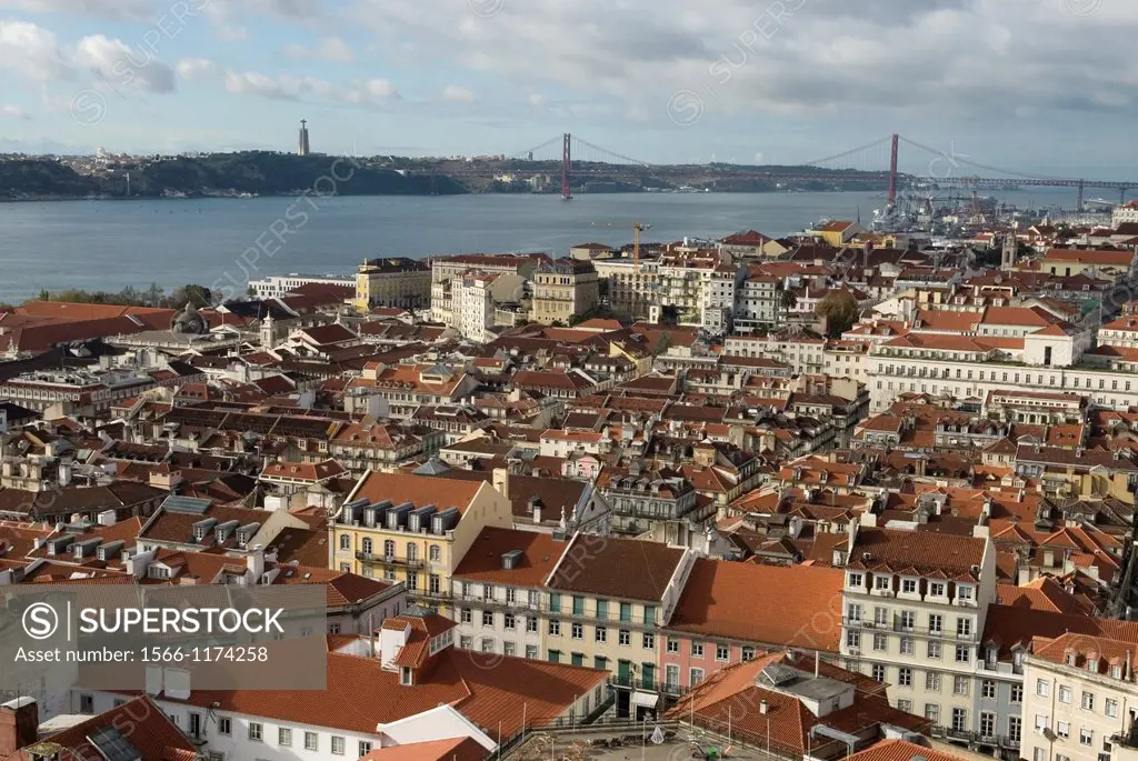 overview on the Baixa and Chiado district from the Sao Jorge Castle with the Tagus river background, lisbon, portugal, europe