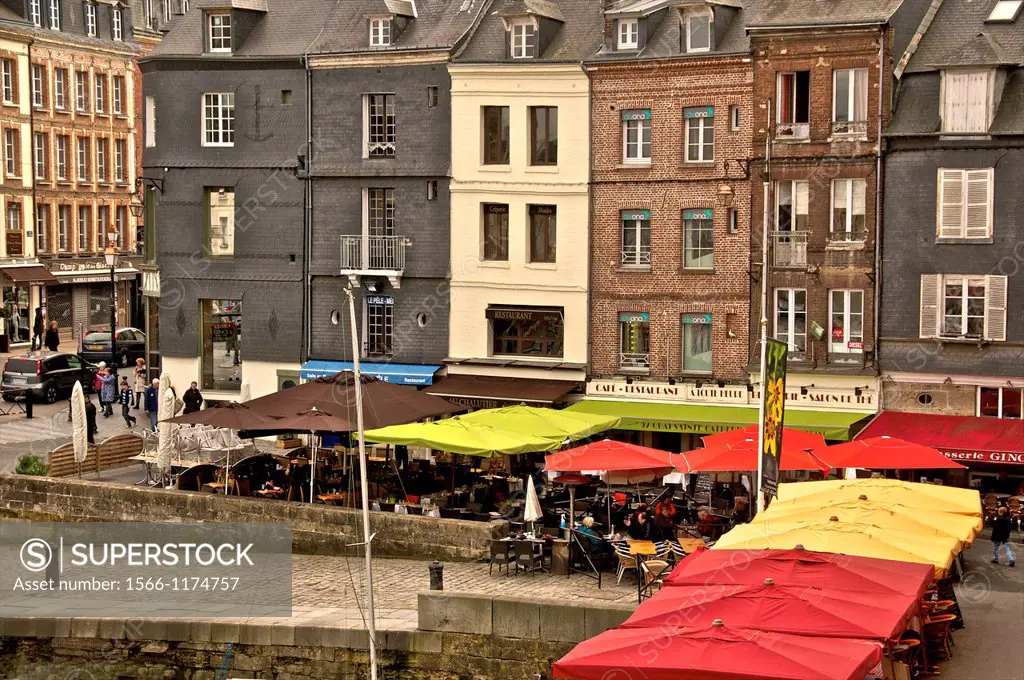 restaurants and cafes on the quay along the Vieux Bassin, Honfleur, Calvados, Normandy, France