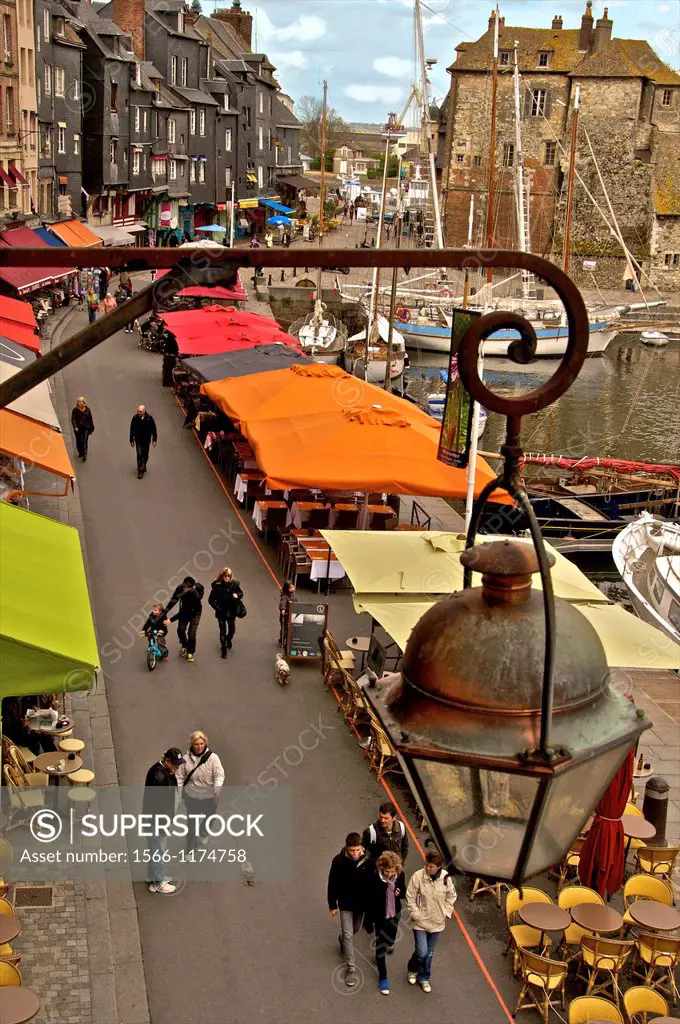 restaurants and cafes on the quay along the Vieux Bassin, the Lieutenance , Honfleur, Calvados, Normandy, France