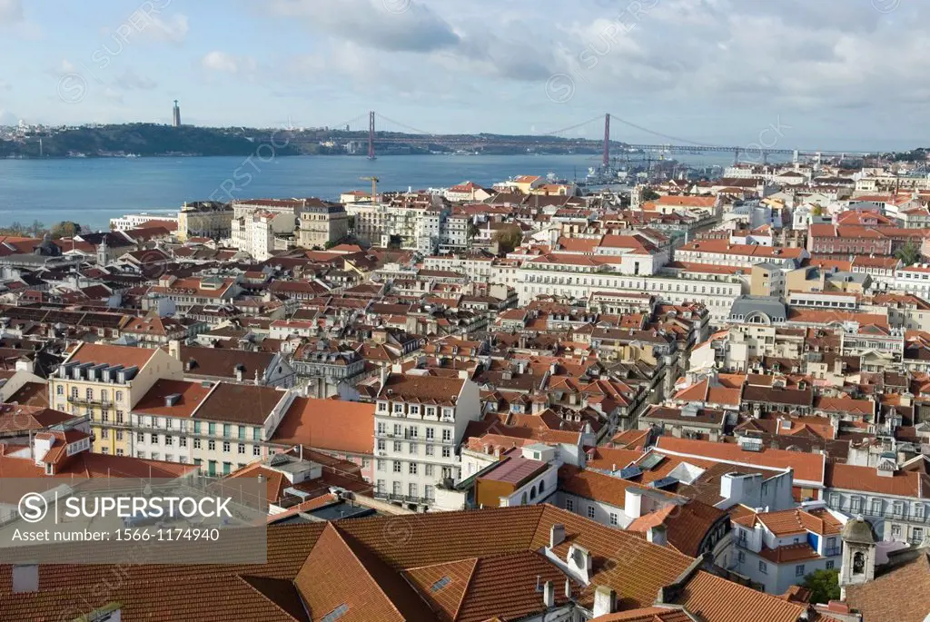 overview on the Baixa and Chiado district from the Sao Jorge Castle, lisbon, portugal, europe