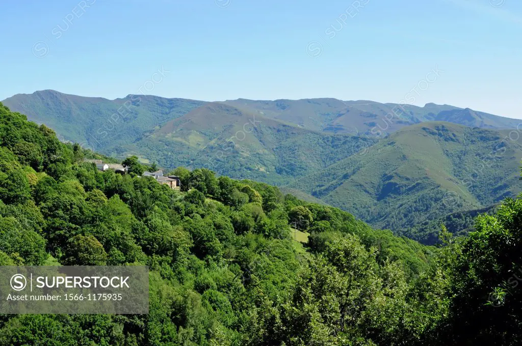 Village of Meiraos and landscape of the Courel mountain range  Lugo, Galicia, Spain