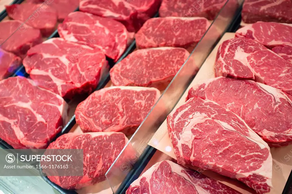 Fresh meat steak sale display at american supermarket