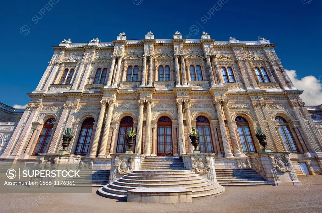 The Ottoman style eceletic mix of Baroque & neo-Classical style Architecture of the gate of the Dolmabahçe Dolmabahce Palace, built by Sultan, Abdülme...