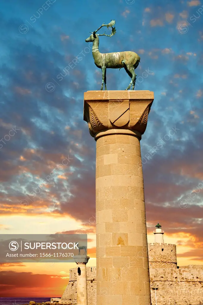 Columns with deer at the entrance to Madraki, the archaic naval docks  Rhodes, Greece  UNESCO World Heritage Site