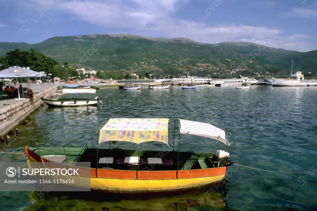 Colorful boat on Lake Ohrid in holiday town of Ohrid Macedonia