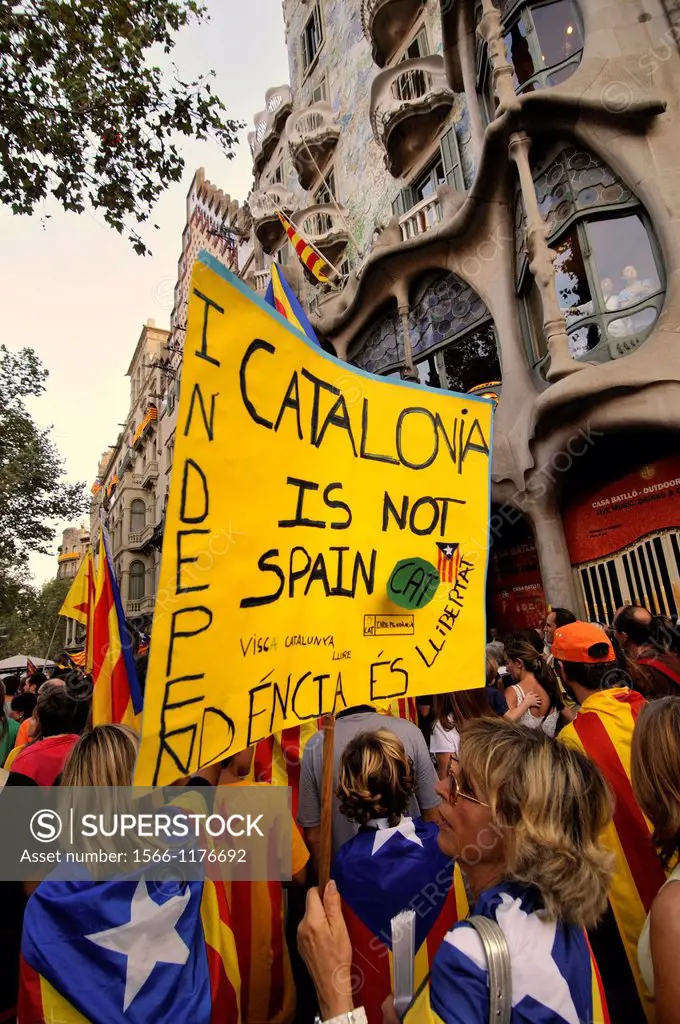 Political demonstration for the independence of Catalonia, Passeig de Gràcia, September 11 2012, Barcelona, Catalonia, Spain