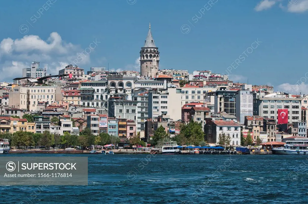 view of the Galata Tower and Beyoglu across the Bosphorous in Istanbul, Turkey