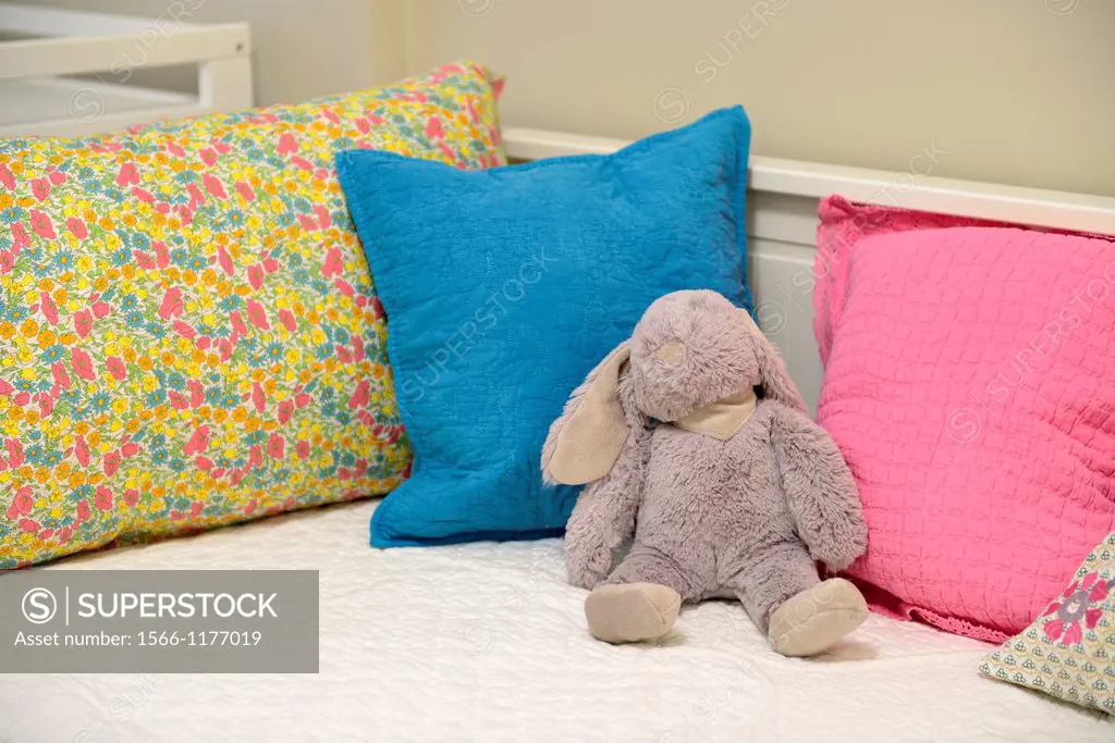 Couch with colorful cushions and rag doll
