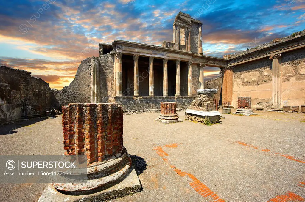 The columns of the 2nd cent  B C Roman Basilica of Pompeii which was the Roman courts of justice and the core of economic life in Pompeii