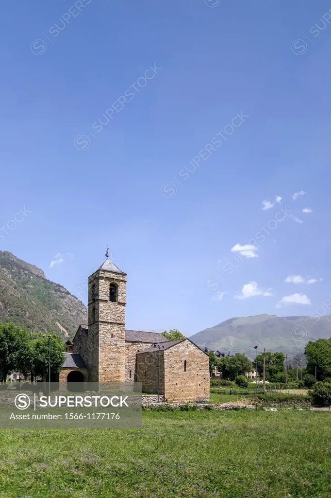 Romanesque church of Sant Feliu in Barruera, Vall de Boi, Catalonia, Spain. Recognized as UNESCO world heritage site.