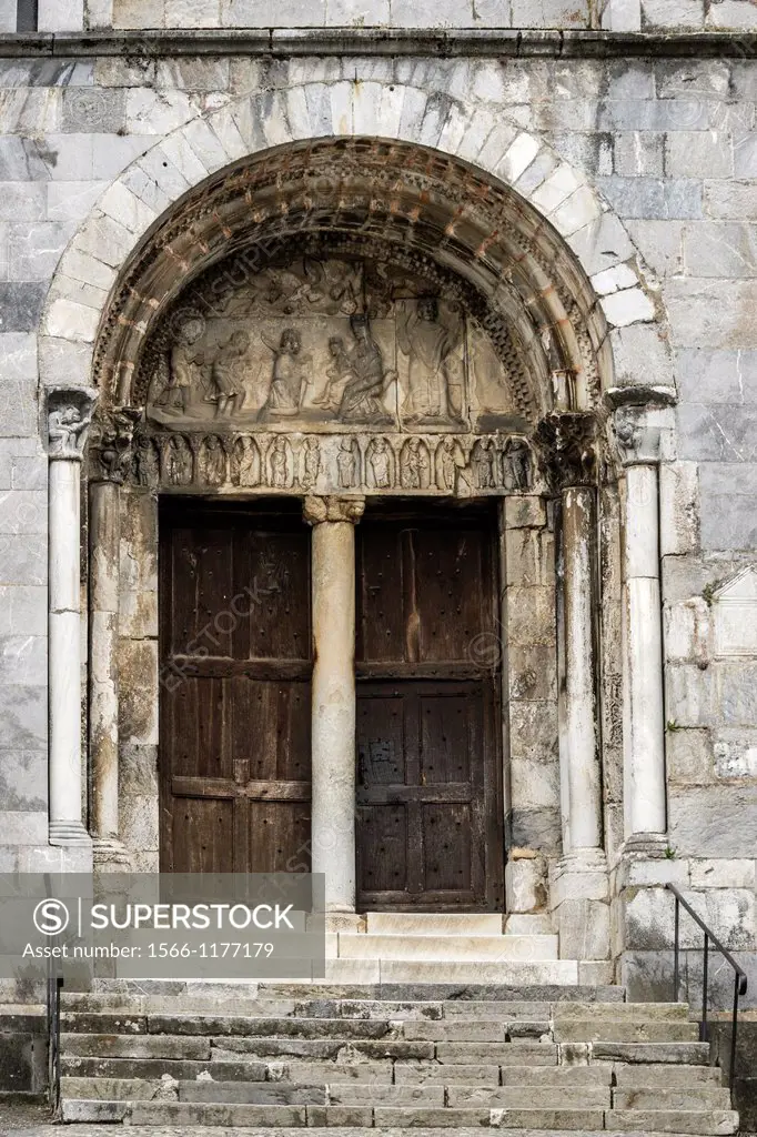 Romanesque portal of Cathedral Notre-Dame de Saint-Bertrand-de-Comminges in Hautes-Pyrénées, France.