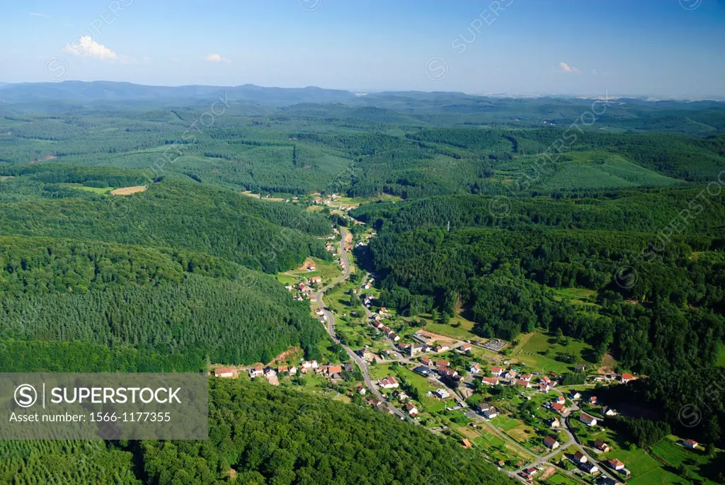 Aerial view of Reyersviller village in valley, Natural regional park of Northern Vosges, Moselle, Lorraine, France