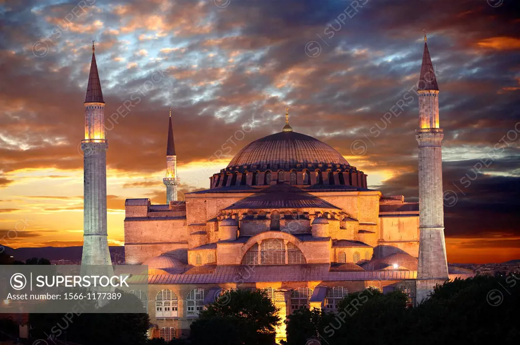 The exterior of the 6th century Byzantine Eastern Roman Hagia Sophia  Ayasofya  at sunset, built by Emperor Justinian  The size of the dome was un-sur...