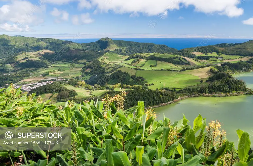 View over Furnas lake towards the coast on Sao Miguel island in The Azores